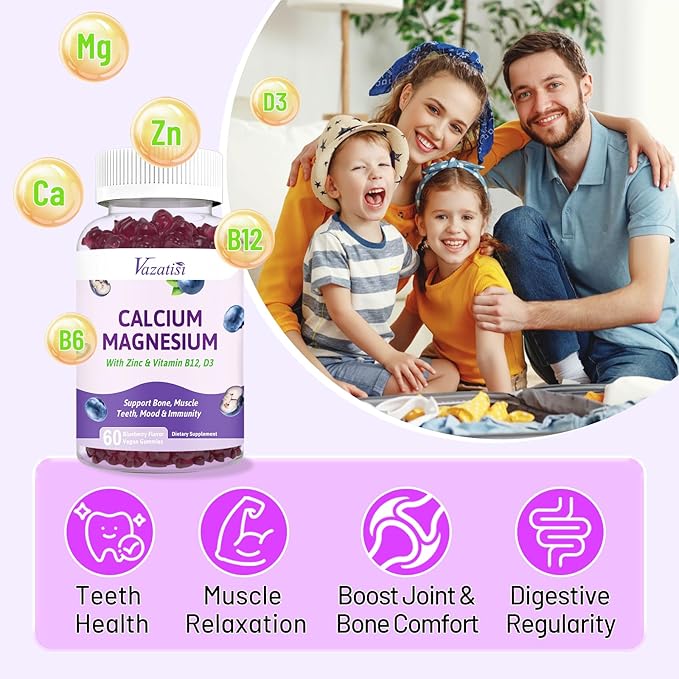 2 Pack Calcium Magnesium Zinc Gummies D3 & B12, Sugar