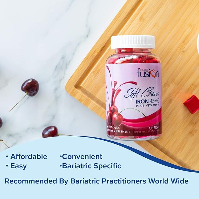 Bariatric Fusion Iron Soft Chew with Vitamin C | Cherry Flavored | Chewy Vitamin for Bariatric Patients | Gluten Free | Iron Supplement for Women and Men | 60 Count | 2 Month Supply
