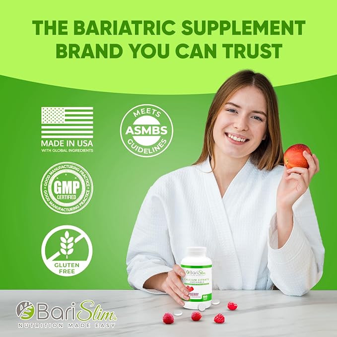 BariSlim Bariatric Calcium Citrate with Magnesium & Vitamin D Tabs - 500mg Calcium Citrate - Formulated for Post Weight Loss Surgery - Supports Bone Health | Raspberry Flavor