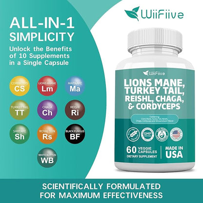 Lions Mane 3000mg Turkey Tail 3000mg 1000mg Chaga 1000mg Cordyceps 60 Capsules