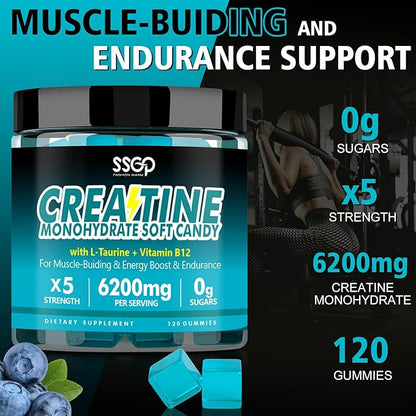 Creatine Monohydrate 6200 mg Soft Gummies for Men and Women - with Taurine and Vitamin B12, Enhances Energy -Muscular - Endurance - Vegetarian - Workout Supplement - Blueberry Gummies(120 Count)