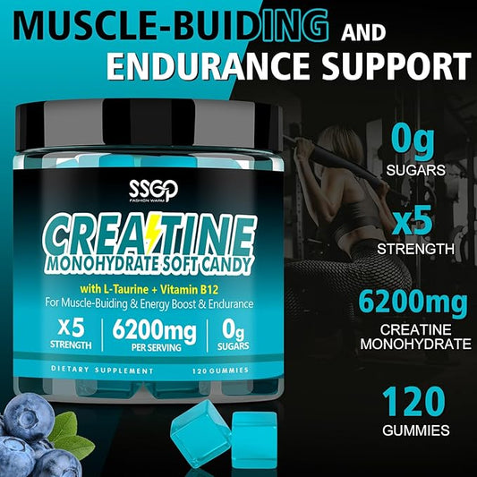 Creatine Monohydrate 6200 mg Soft Gummies for Men and Women - with Taurine and Vitamin B12, Enhances Energy -Muscular - Endurance - Vegetarian - Workout Supplement - Blueberry Gummies(120 Count)