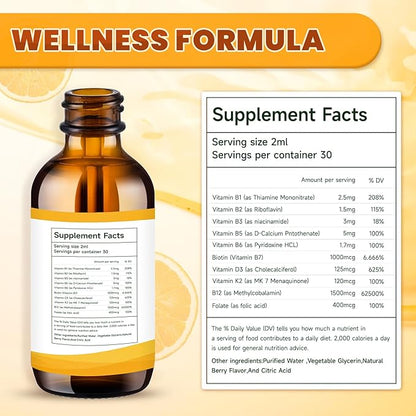 Vitamin B Complex Liquid Drops B B1, B2, B2, B3, B3, B6, B6, B7, B7, B12 B12 Biotin D3+K2 Supports 2 fl.