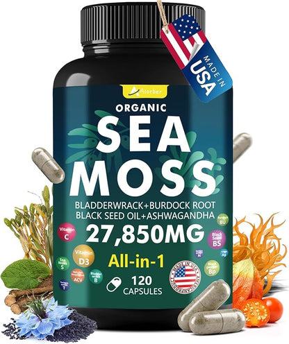 Sea Moss Capsule Complex with Sea Moss, Black Seed Oil, Aşhwagandha, Ginger & Vitamins C, D3-120 Capsules,Superfood Supplements - Advanced Seamoss Pills, Wild Sea Moss Pills, Made in USA