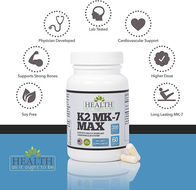 Health As It Ought To Be K2 MK7 MK7 MAX 300mcg Supplemeny 60 Capsules