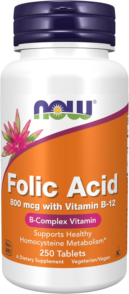 NOW Supplements, Folic Acid 800 mcg B-12 (Cyanocobalamin) 25 mcg, 250 Tablets