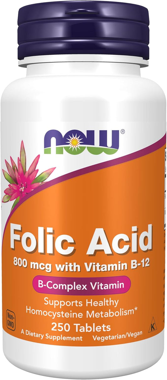NOW Supplements, Folic Acid 800 mcg B-12 (Cyanocobalamin) 25 mcg, 250 Tablets