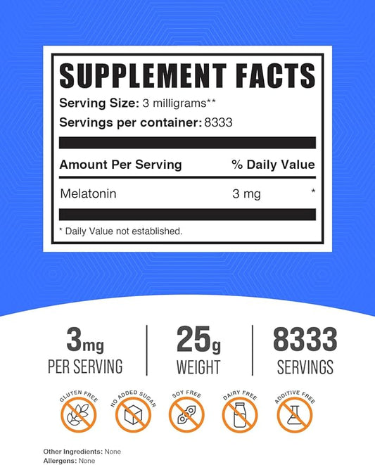 BulkSupplements.com Melatonin Powder - Sleep Supplement, Melatonin for Adults, Melatonin 3 mg - Vegan Melatonin, Pure & Gluten Free, 3mg per Serving, 25g (0.88 oz) (Pack of 1)