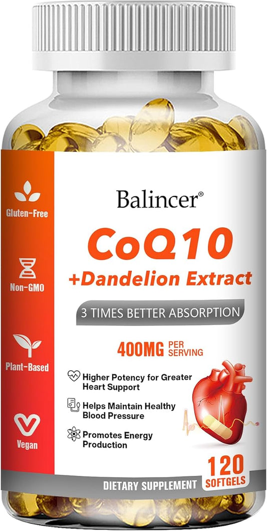 CoQ10 and Black Pepper Extract 400mg 120 Softgels, Q10(Ubiquinone) Supplement 3 Times