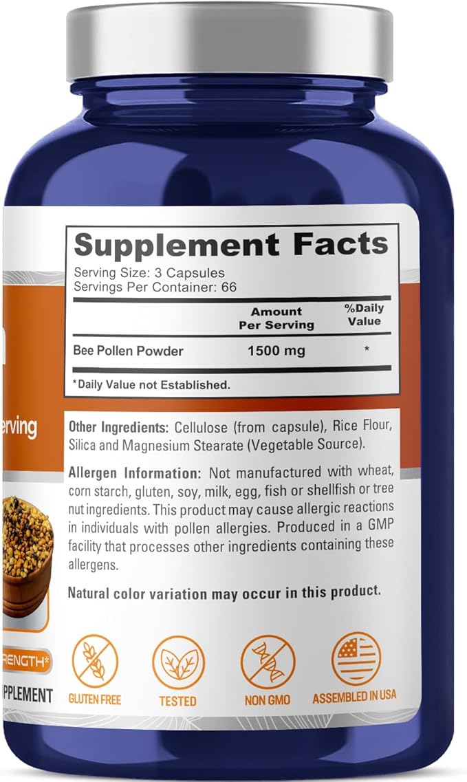 NusaPure Bee Pollen 1500mg 200 Veggie (100% Vegetarian,