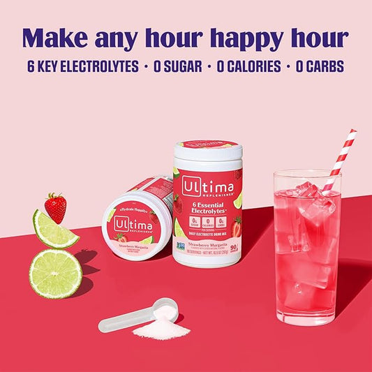 Ultima Replenisher Daily Electrolyte Powder Drink Mix – Strawberry Margarita, 90 Servings – Hydration Powder with 6 Key Electrolytes and Trace Minerals – Keto Friendly, Non-GMO and Sugar-Free