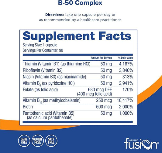 Bariatric Fusion Vitamin B-50 Complex 8 B B12 | 90 Count 3 Month