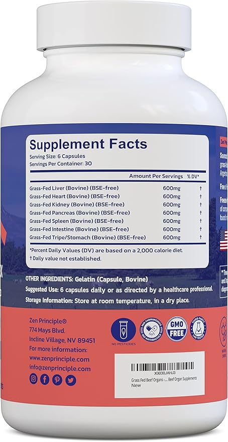 Zen Principle Grass Fed Beef Organs - Desiccated Liver, Heart, Kidney, Pancreas, Spleen, Intestine, Tripe/Stomach. Beef Organ Supplements