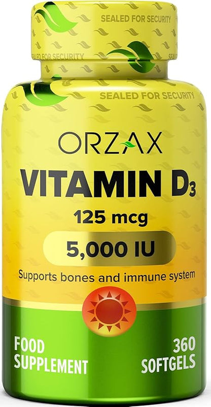 ORZAX Vitamin D3 5000 iu (125 mcg) 1 Year (360 Softgel)