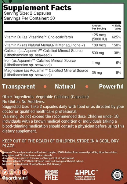 EarthNutri D3 + K2 + 72 D3 from K2 from Q7, Calcium 60 Veg