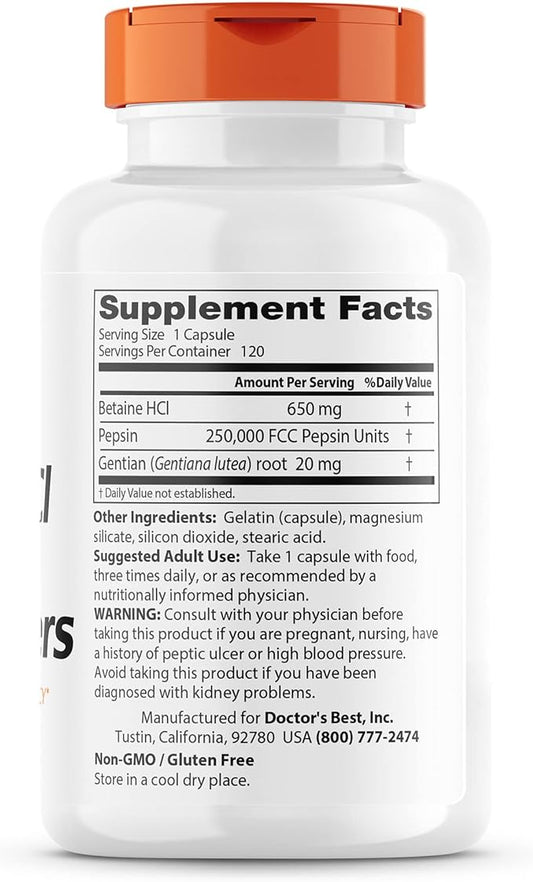 Doctor's Best Betaine HCI Pepsin & 120 Caps,