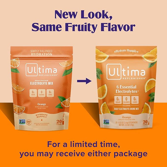 Ultima Replenisher Daily Electrolyte Powder Drink Mix – Orange, 20 Stickpacks – Hydration Packets with 6 Key Electrolytes and Trace Minerals – Keto Friendly, Vegan, Non-GMO and Sugar-Free
