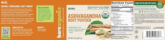 BareOrganics Ashwagandha Root Powder, 8 Oz