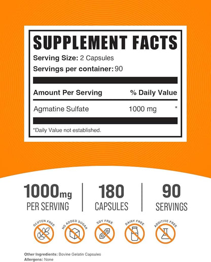 BulkSupplements.com Agmatine Sulfate Capsules - Nitric Oxide Supplement, Agmatine Sulfate 1000mg - Gluten Free, 2 Capsules per Serving, 180 Capsules (Pack of 1)