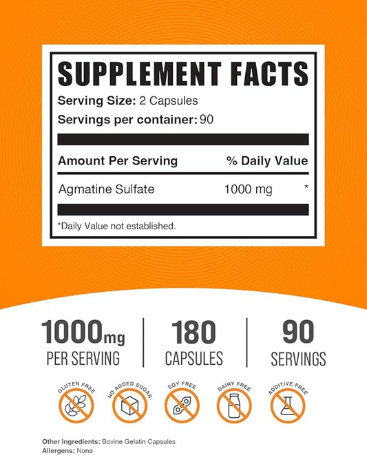BulkSupplements.com Agmatine Sulfate Capsules - Nitric Oxide Supplement, Agmatine Sulfate 1000mg - Gluten Free, 2 Capsules per Serving, 180 Capsules (Pack of 1)