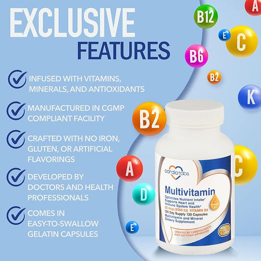 Multivitamin - Heart and Immunity Supplements 2000 IU D3, 120-Count 120-Count Bottle