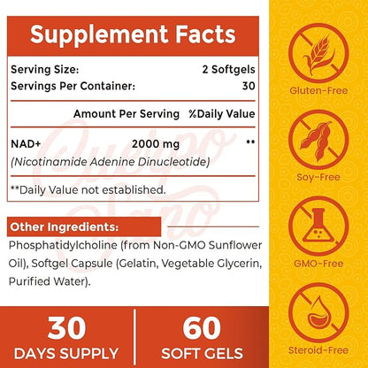 2000 MG NAD Supplement, Liposomal NAD+ Supplement with High Absorption, More Efficient Than Nicotinamide Riboside, Pure & Plus Boosting Supplement, Aging Defense, Metabolism & Cellular, 120 softgels