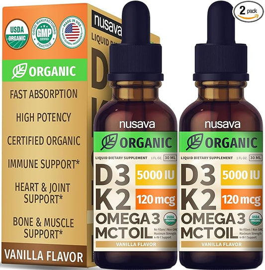 (2 Pack) Organic Vitamin D3 K2 3, 5000 5000 IU, 5000 IU, D3 for 2 Fl