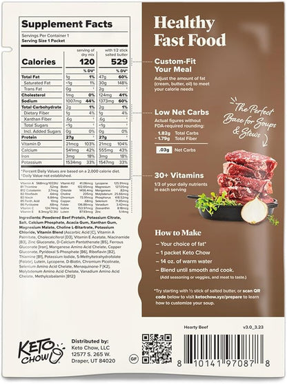 Keto Chow Hearty Beef - Keto Meal Replacement Soup Powder - Nutritionally Complete - Low Carb - Delicious Easy Meal Substitute - Protein Rich You Choose The Fat - Single Meal Sample