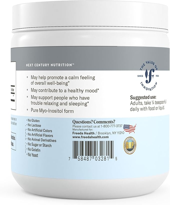 FREEDA Inositol Powder from Myo-Inositol - Hormone Balance for Women - PCOS Supplements for Women - Vitamin B8 Conception, Fertility Support - Myoinositol for Mood Improvement in Men & Women - 4 oz