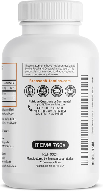 Vitamin K Triple Play (Vitamin K2 MK7 / Vitamin K2 MK4 / Vitamin K1) Full Spectrum Complex Vitamin K Supplement, 180 Capsules