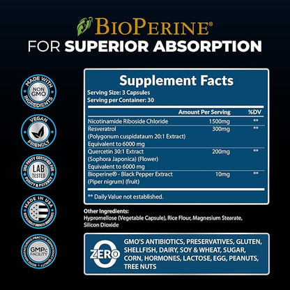 13,510mg NAD+ Supplement- Nicotinamide Riboside, Resveratrol, Quercetin & BioPerine® (High Absorption)- Liposomal NAD Booster for Anti-Aging, Cellular Energy, Skin- For Women & Men- 90 V Capsules