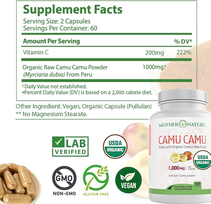 Organic Vitamin C from Camu Camu 1,000mg, Packed (120 Count)