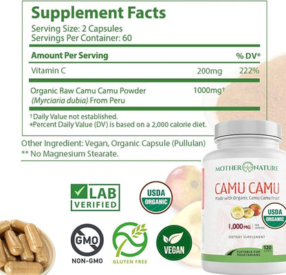 Organic Vitamin C from Camu Camu 1,000mg, Packed (120 Count)