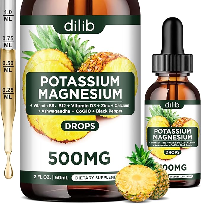 Potassium Magnesium Citrate Supplement, Liquid Magnesium 500mg with D3, B6, B6, B12, B12, CoQ10 CoQ10 - 2 fl