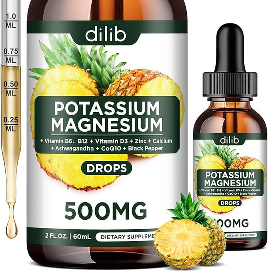 Potassium Magnesium Citrate Supplement, Liquid Magnesium 500mg with D3, B6, B6, B12, B12, CoQ10 CoQ10 - 2 fl