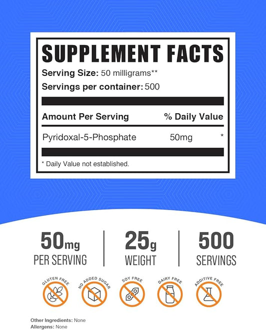 BulkSupplements.com Pyridoxal 5 Phosphate Powder - P-5-P Vitamin B6 Supplement, P-5-P 50mg - P5P Supplement, Gluten Free, 50mg of per Serving, 25g (0.88 oz) (Pack of 1)