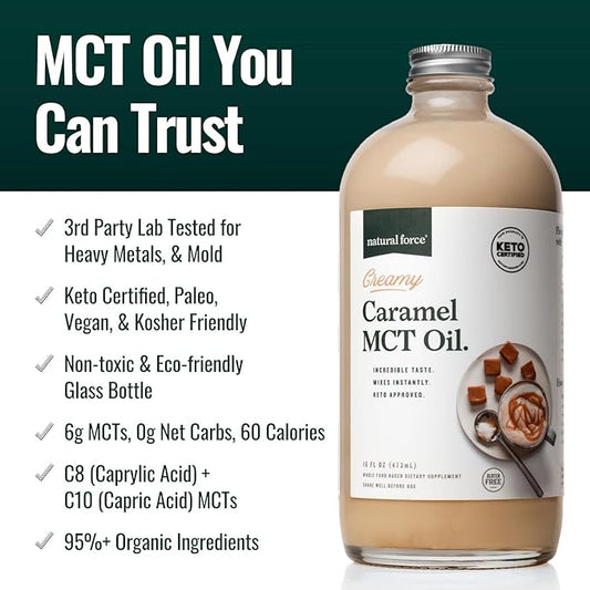 Natural Force Creamy Caramel MCT Oil – Non Dairy, Keto Certified, Emulsified MCTs for Low-Carb, Ketogenic Coffee, Smoothies, & Shakes - Mixes Instantly + No Blending Required – 16 Oz Glass Bottle