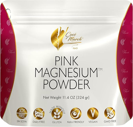 Coco March Pink Magnesium Powder - Promotes Sleep, Relaxation and Healthy Brain Function, Strawberry Flavor - Free from: Gluten, Dairy, GMOs, Soy, Vegan, Keto Friendly - 45 Day Supply