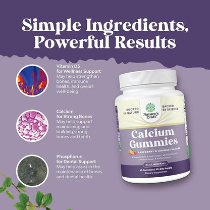 High Absorption Calcium Gummies with Vitamin D3 - Delicious Calcium 500 mg Gummies for Adults - Chewable Calcium and Vitamin D Supplement for Bone Health & Immune Support - Gelatin-Free 60ct (1 Pack)