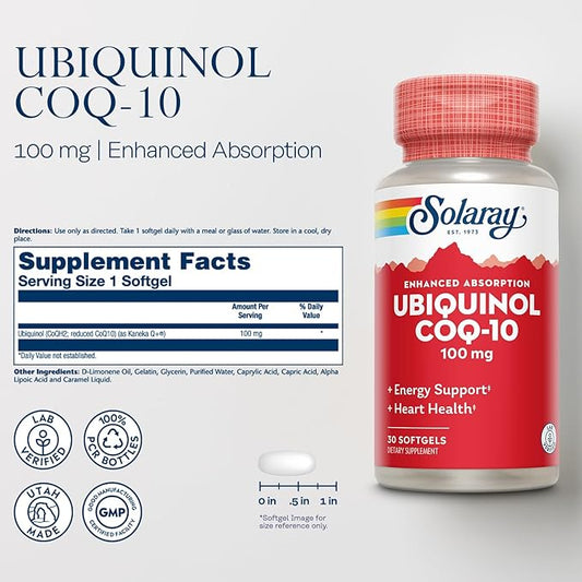 Solaray Ubiquinol CoQ-10 100 mg - CoQH2, Reduced CoQ10 for Enhanced Absorption - Energy and Heart Health Support - 60-Day Guarantee - 30 Servings, 30 Softgels