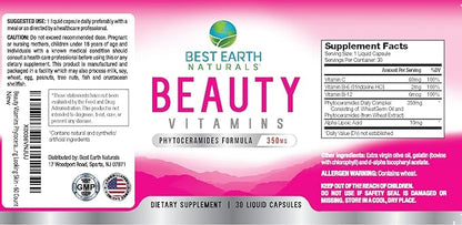 Best Earth Naturals Beauty Vitamins Phytoceramide Pills - Skin Hydrating Support Supplement with Alpha Lipoic Acid and More to Help Promote Hydrated Skin - 30 Count