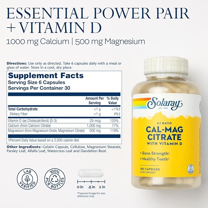 Solaray Calcium & Magnesium Citrate 2:1 D-3, Healthy 180 Capsules