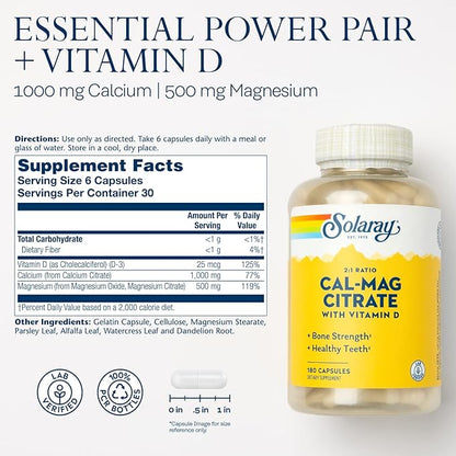 Solaray Calcium & Magnesium Citrate 2:1 D-3, Healthy 180 Capsules