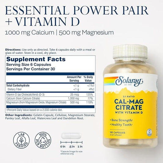 Solaray Calcium & Magnesium Citrate 2:1 D-3, Healthy 180 Capsules