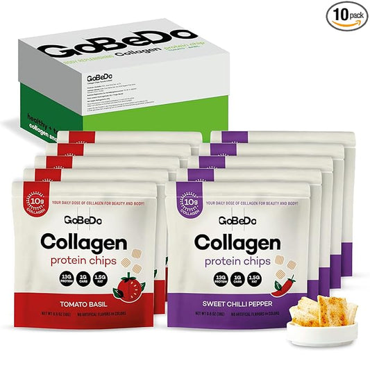 10-Pack Collagen Protein Chips - Sweet Chilli Pepper & Tomato Basil Flavors - 13g Protein Per Bag, GMO-Free, Gluten-Free, Tasty Savory Collagen Protein Snack