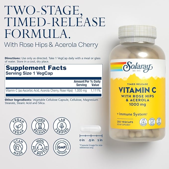 SOLARAY Vitamin C with Rose HIPS 1000mg | 24-Hour Immune 250 Ct.