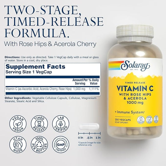 SOLARAY Vitamin C with Rose HIPS 1000mg | 24-Hour Immune 250 Ct.