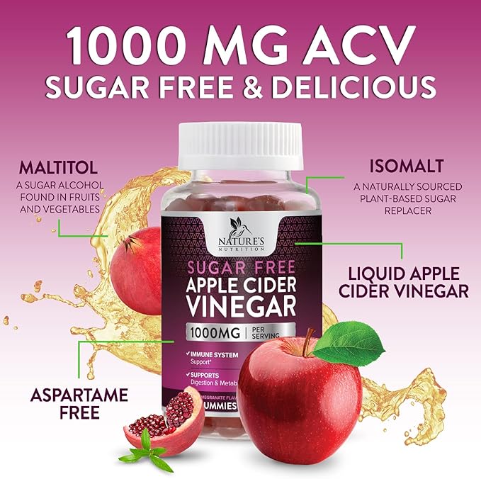 Apple Cider Vinegar Gummies for Weight Loss 1000mg - Vegan Apple Vinegar Gummy for Detox & Cleanse, ACV Supplement Pills, Vitamin B12, Sugar Free ACV Gummy, Non-GMO, Nature's Nutrition - 120 Gummies