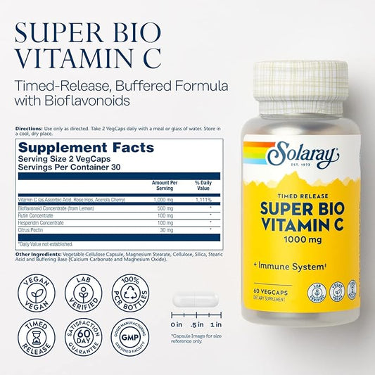 SOLARAY Super Bio Vitamin C 1000mg, 60 Day 30 Servings, 60 VegCaps