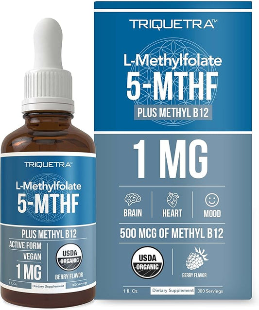 Organic Methyl Folate 1000 mcg + B12 Cofactor (300 Servings) 5-MTHF Form, (1oz)